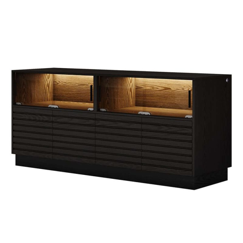 "Lumoe Modern Black Rectangular Acrylic LED Lights TV Stand with Storage Media Console"