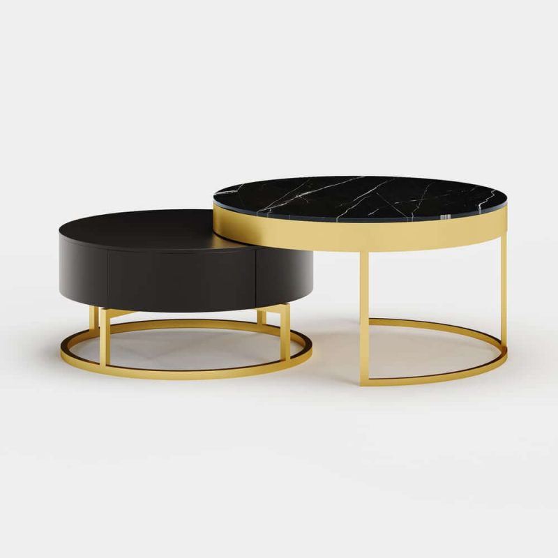 "Nesnesis Modern Black Round Marble Veneer Nesting Wood Coffee Table with Storage"