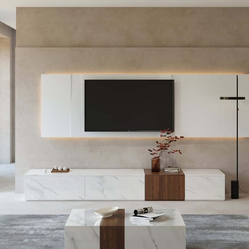 "Vewal 78.9" Modern Wood Block TV Stand Marble & Walnut Veneer in White with 4  Drawers"
