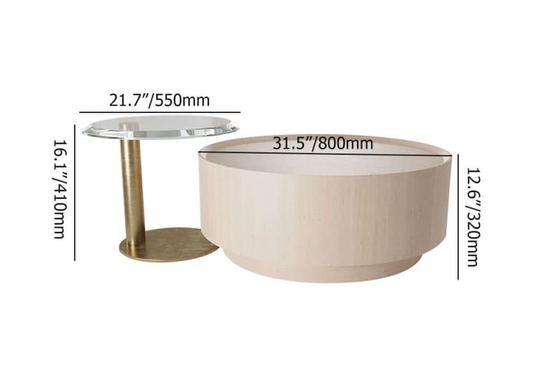 "Dimension of Set of 2 Round Nesting Coffee Table Set White Oak with 2 Drawers in White & Clear & Gold"