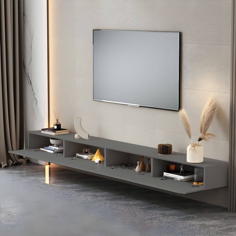 "Contemporary Media Console Wood Floating TV Stand with Doors - Grey 94.5"L x 14"W x 10"H"