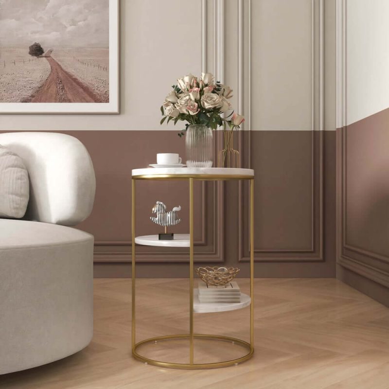 "3-Tiered White & Gold End Table with Shelf Sintered Stone Top & Metal Frame Side Table"