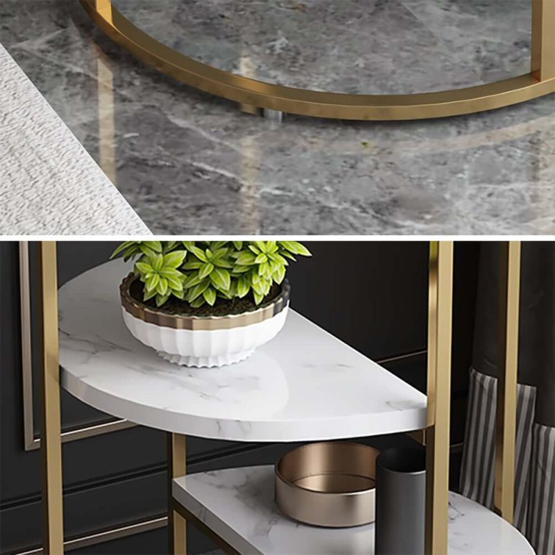 "3-Tiered White & Gold End Table with Shelf Sintered Stone Top & Metal Frame Side Table"