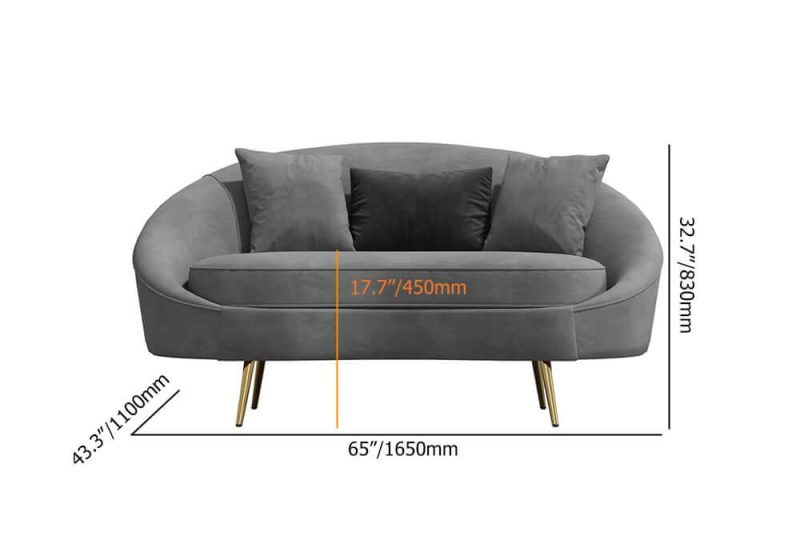 "Dimension of Modern 63" Gray Velvet Curved Sofa Love Seat Sofa Pillows Included"