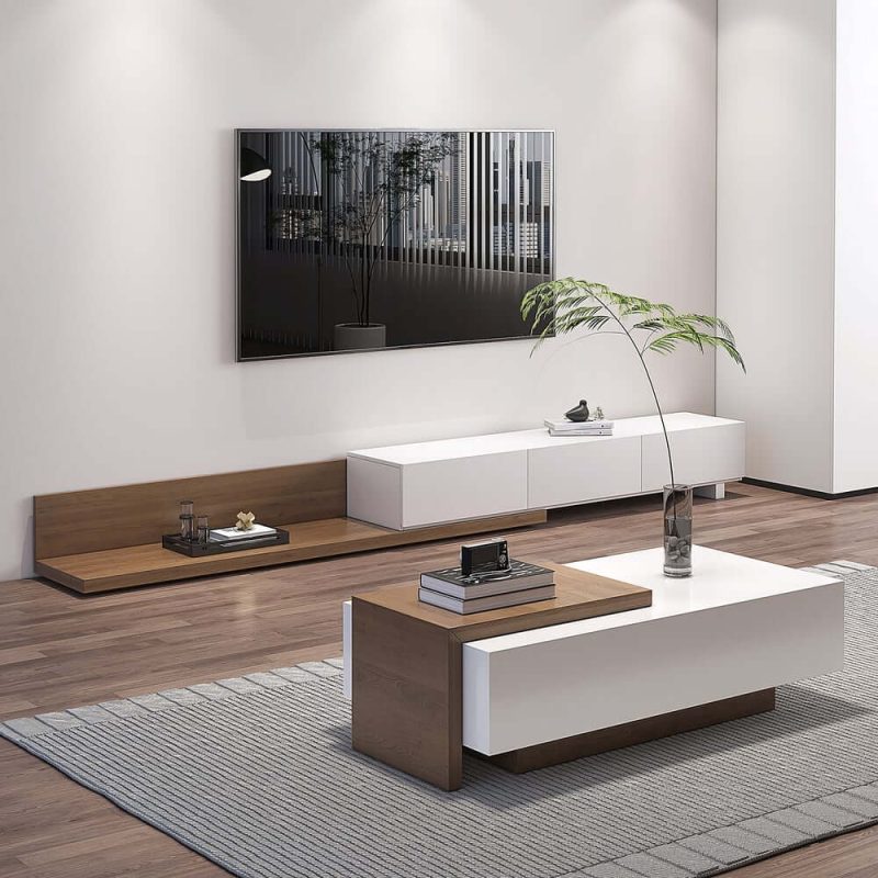 "White & Walnut Extendable Rectangle Coffee Table with Drawer & Sliding Storage"