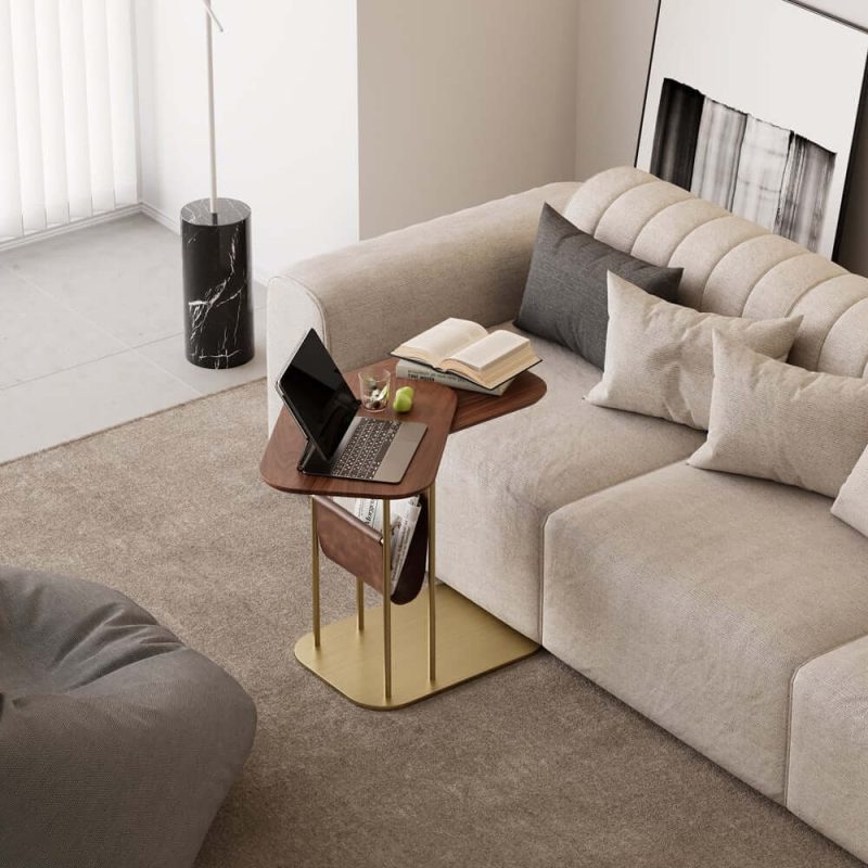 "C-Shaped Walnut & Gold Rotating Side Table with Storage"
