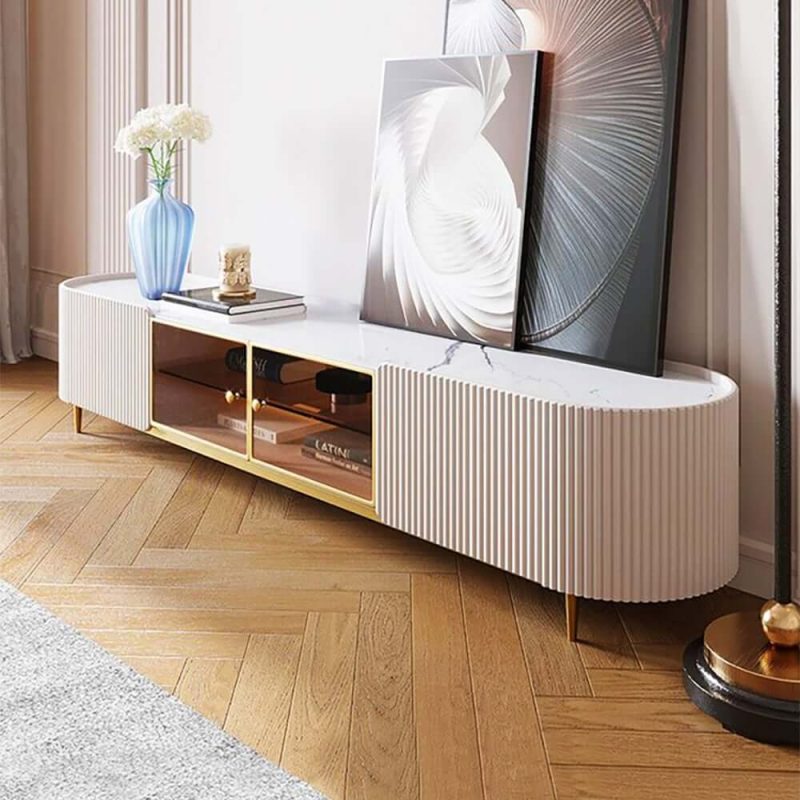 "Palley Modern Oval TV Stand with Storage & Glass Doors in White for TV Up to 85 Inch"
