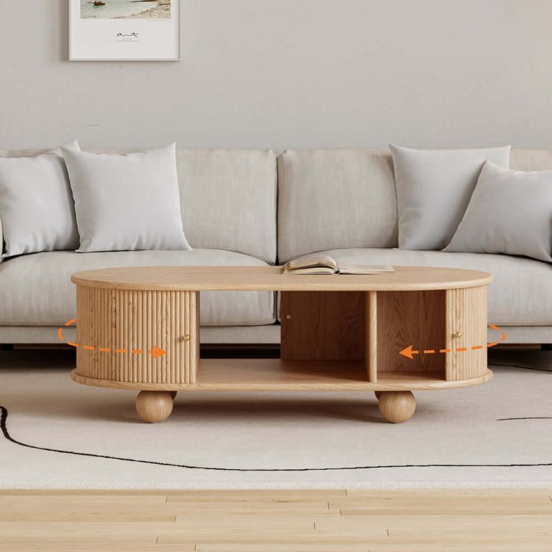 "Stria 47" Oval Natural Solid Wood Fluted Coffee Table with Storage 71" Ash Wood TV Stand"