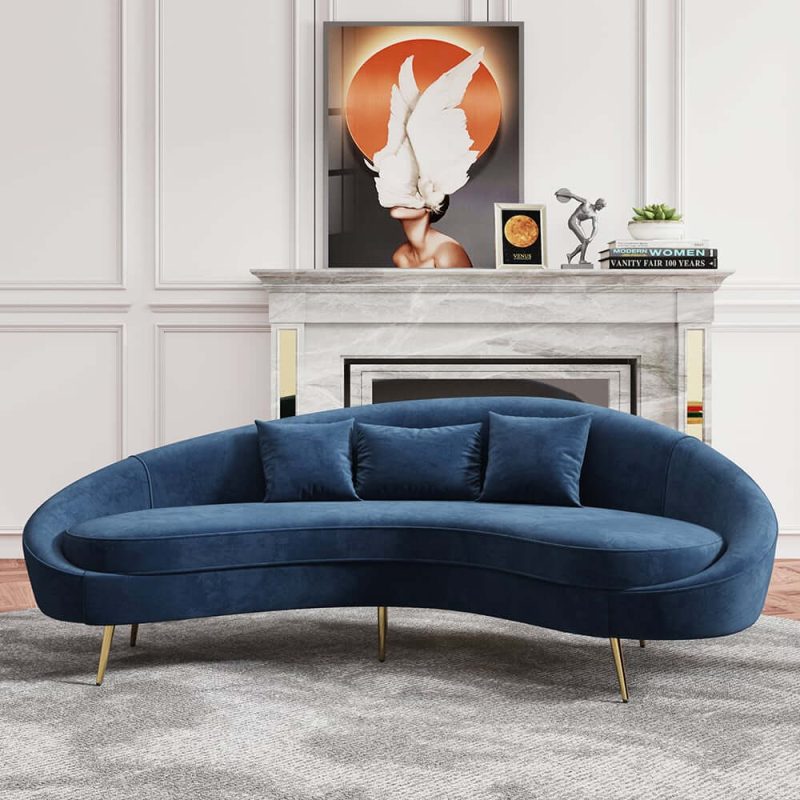 "Modern 95" Blue Velvet Curved 3 Seaters Sofa for Living Room"