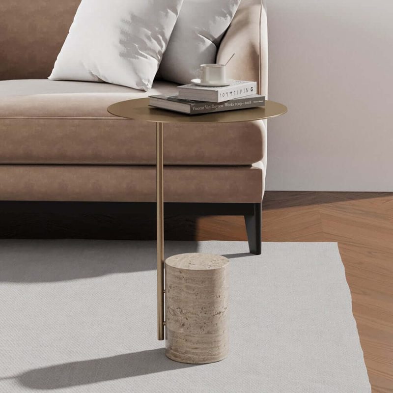 "Beige Modern Stone Travertine Side Table with Stainless Steel in Gold Frame"