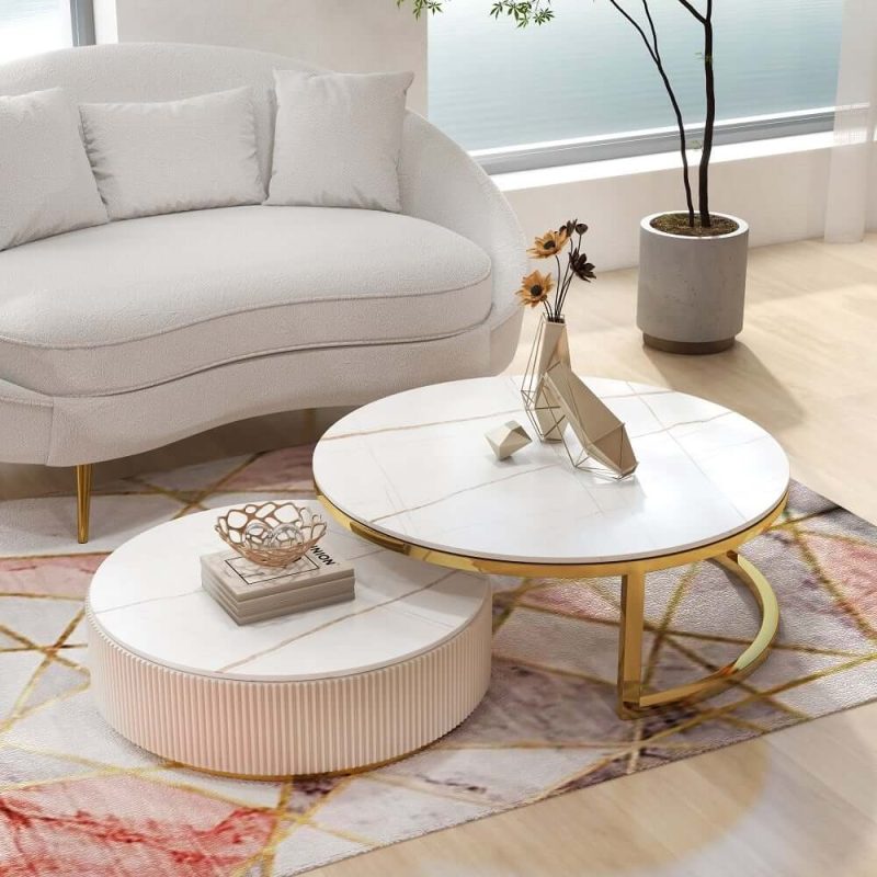 "Round 2-Piece Nesting Set Sintered Stone Top Beige Coffee Table with Drawer"