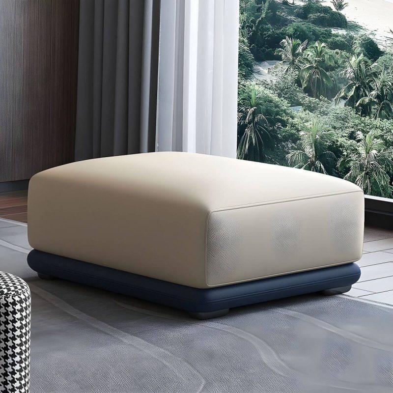 "Genuine Leather Foot Stool in Solid Wood Contemporary Style Indoor - 2 Piece Set Beige/Brown 35"L x 28"W x 16"H"