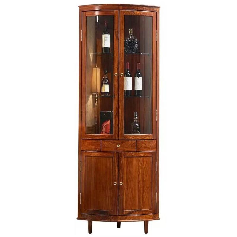 "Old School Corner Accent Cabinet with Light, Soft Close Drawer, Glass Door, Brown Top, and Cabinet Knobs, 21"L x 21"W x 83"H"