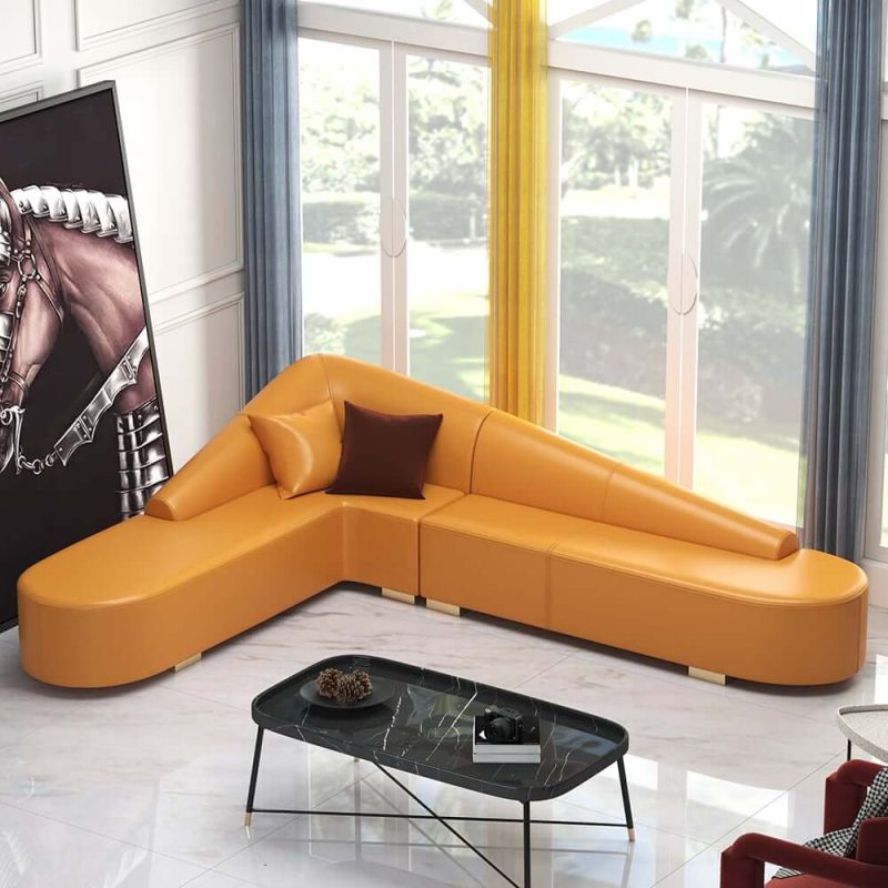 "Modern 6-Seater Orange L-Shaped Corner Sectional Sofa Faux Leather Upholstery"