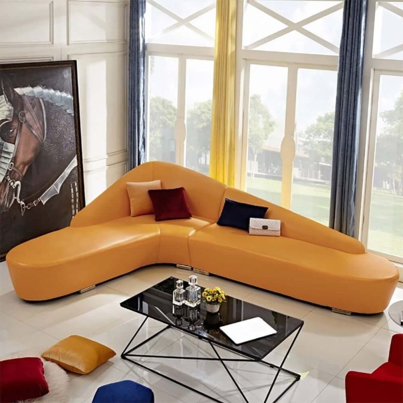 "Modern 6-Seater Orange L-Shaped Corner Sectional Sofa Faux Leather Upholstery"