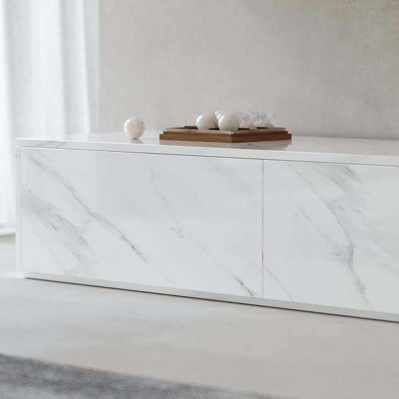 "Vewal 78.9" Modern Wood Block TV Stand Marble & Walnut Veneer in White with 4  Drawers"