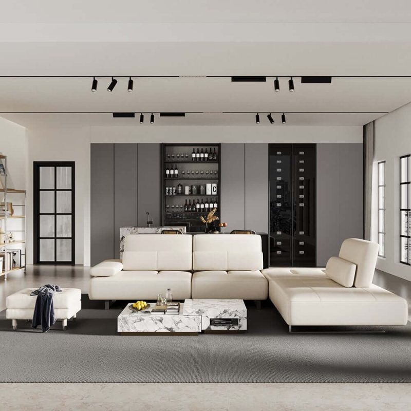 "134.6" White Leather Lounge Deep Seat Sectional Sofa with Adjustable Armrest & Backrest"