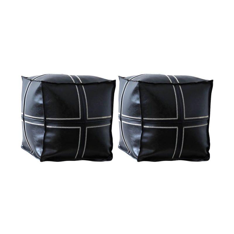 "Geometric Genuine Leather Square Pouf Ottoman for Modern Style - Removable Cushion Cover Included - Black 2 Piece Set"