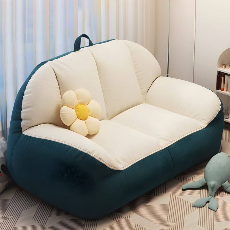 "Large White Linen Bean Bag Sofa Pre-Filled with Expanded Polystyrene Beans for Comfortable Seating - White-Blue"
