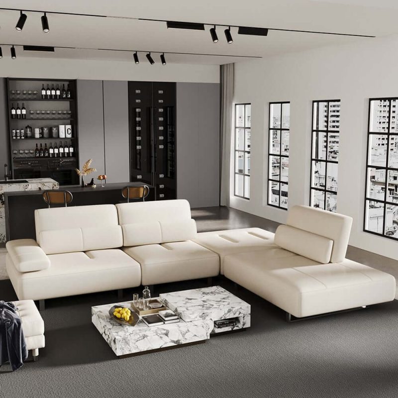 "134.6" White Leather Lounge Deep Seat Sectional Sofa with Adjustable Armrest & Backrest"