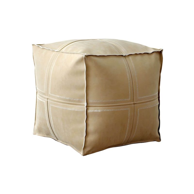 "Geometric Genuine Leather Square Pouf Ottoman for Modern Style - Removable Cushion Cover Included - Beige 1 Piece"