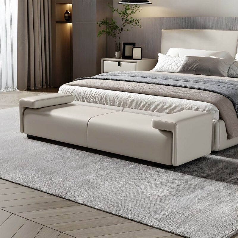 "Modern Solid Color Leather Upholstered Bedroom Bench with Arms - 71"L x 18"W x 22"H Off-White Backless"