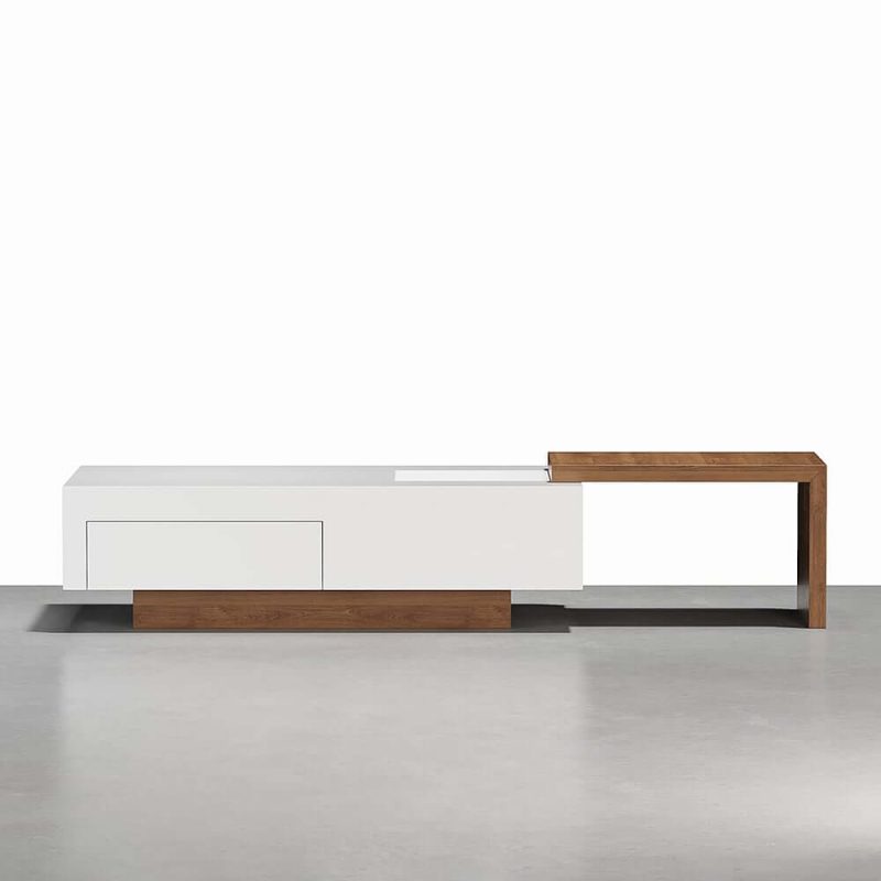 "White & Walnut Extendable Rectangle Coffee Table with Drawer & Sliding Storage"