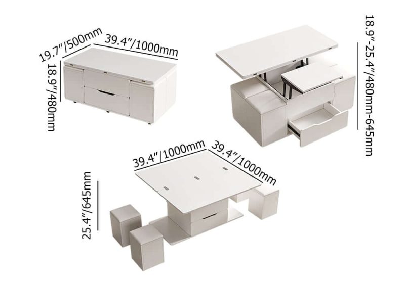 "Dimension of 39" Lift-Top Foldable Coffee Table with 4 Stools & Storage"
