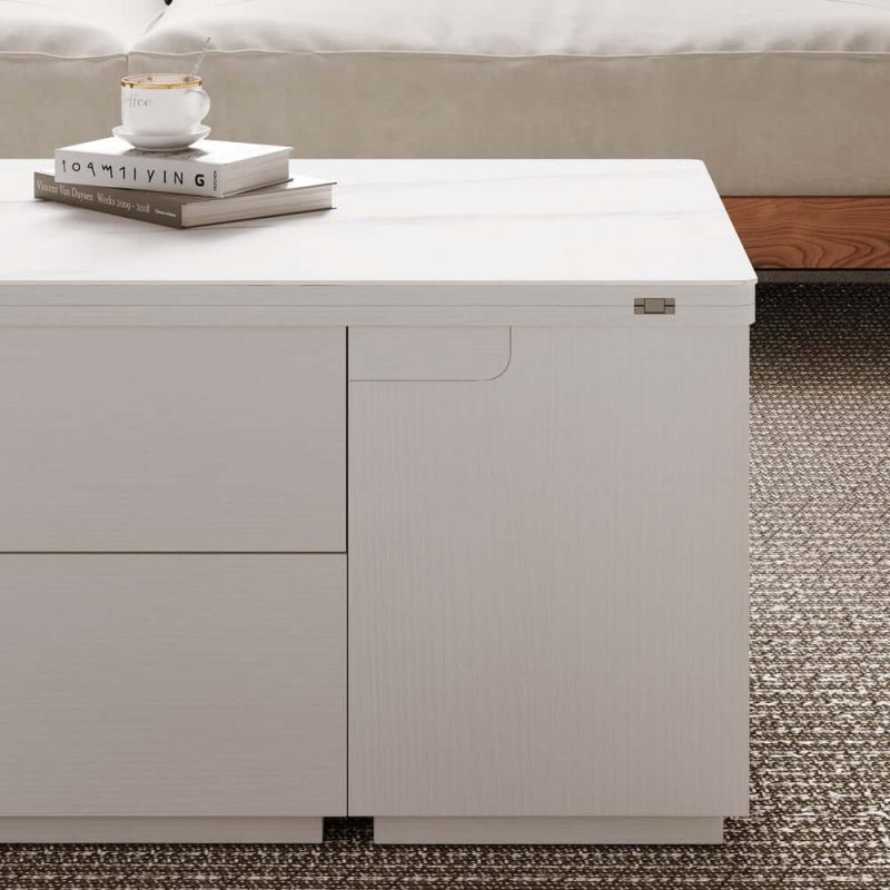 "Modern White Lift Top Marble Coffee Table with Drawers & Storage Multifunction Table"