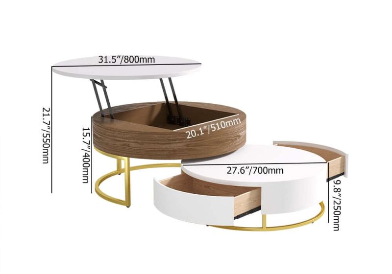 "Dimension of Round 2-Piece Nesting Set Lift-Top Coffee Table and Wooden Coffee Table with 2 Drawers"