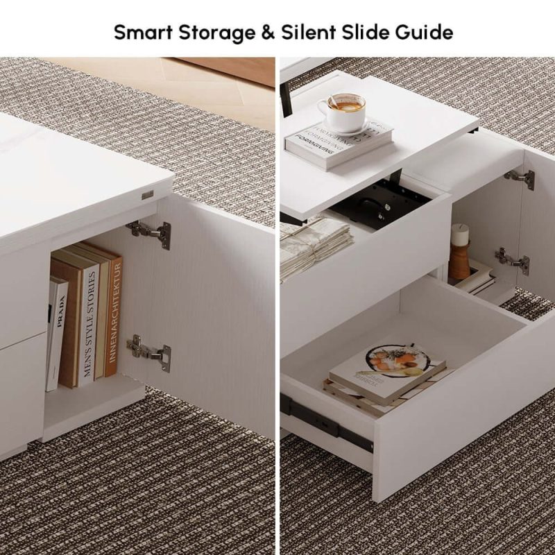 "Modern White Lift Top Marble Coffee Table with Drawers & Storage Multifunction Table"