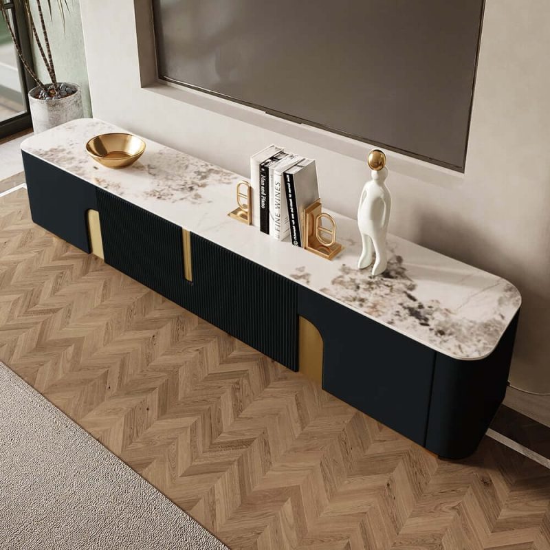 "Artus Modern Black TV Stand Stone Top 4 Doors with Storage Media Console TVs up to 85""