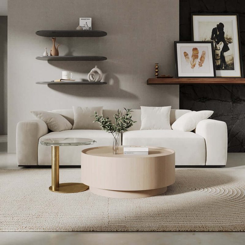 "Set of 2 Round Nesting Coffee Table Set White Oak with 2 Drawers in White & Clear & Gold"