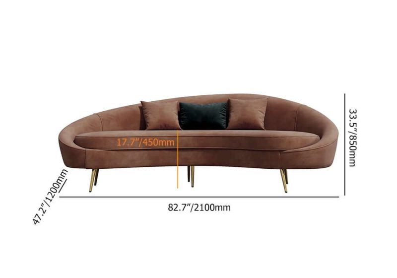 "Dimension of Modern 83" Brown Velvet Curved Sofa 3-Seater Sofa Gold Legs Toss Pillow Included"