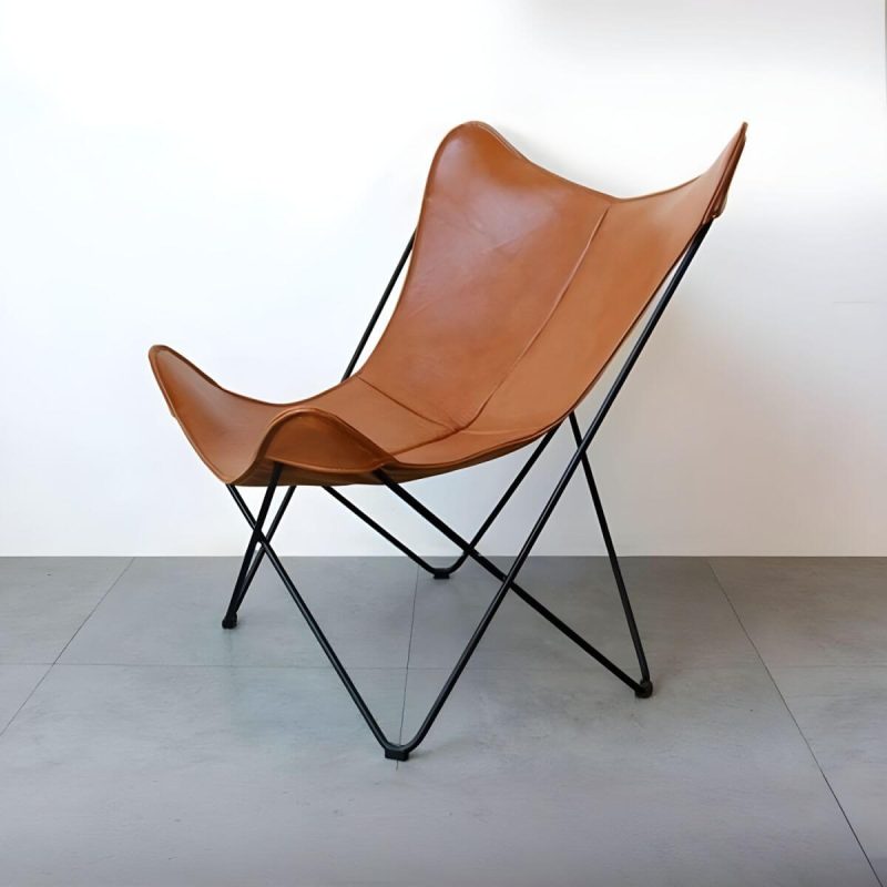 "Scandinavian Small Metal Recliner, Solid Color, Waterproof, With Legs - Brown Black Genuine Leather"