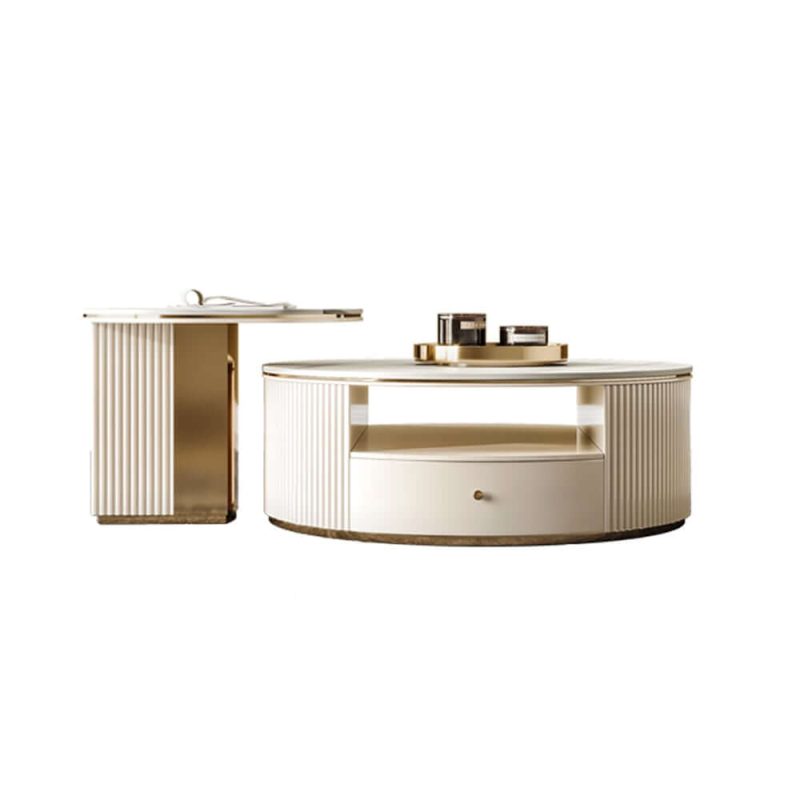 "Mytures Modern Round Nesting Coffee Table with Storage White Sintered Stone Set of 2"