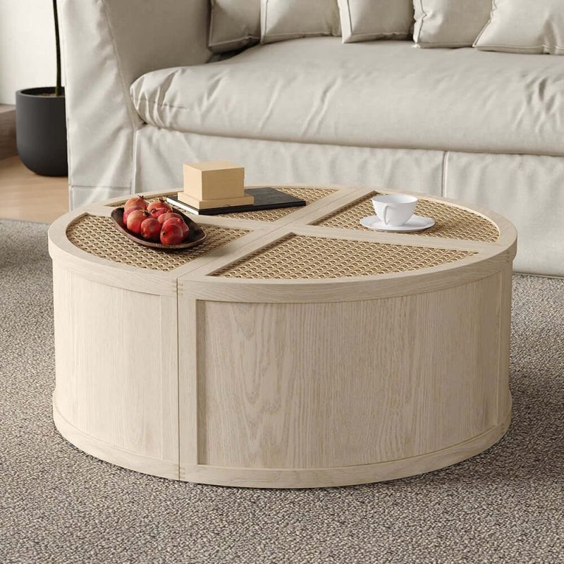 "Round to Square Block Modular Coffee Table White Oak Rattan with Storage 4 Piece"