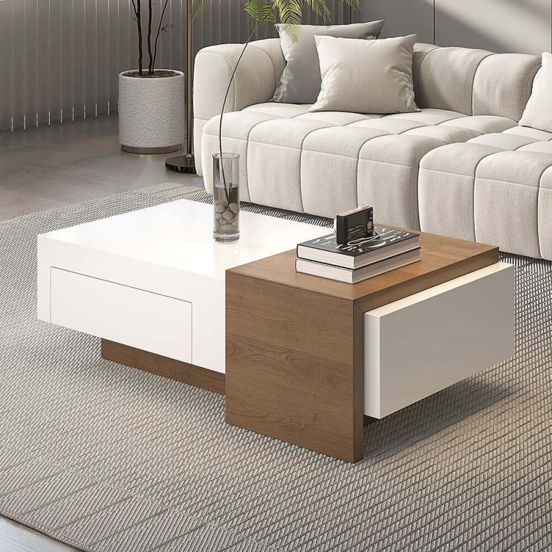 "White & Walnut Extendable Rectangle Coffee Table with Drawer & Sliding Storage"