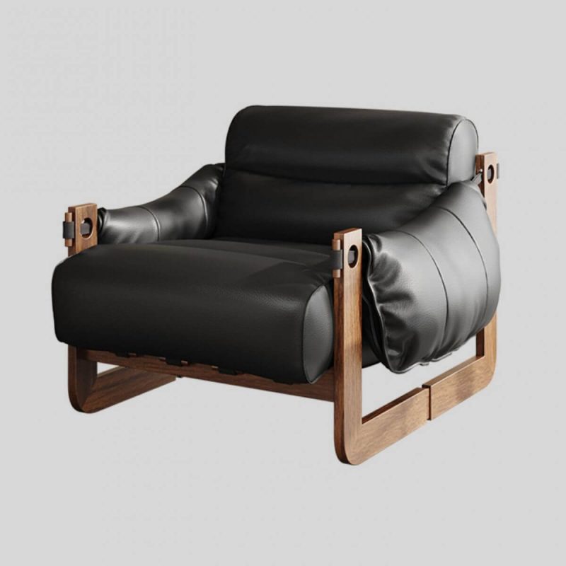 "Casual Black Arm Chair with Solid Color Pattern, Cushion Back, and Arms, Black, Full Grain Cow Leather"
