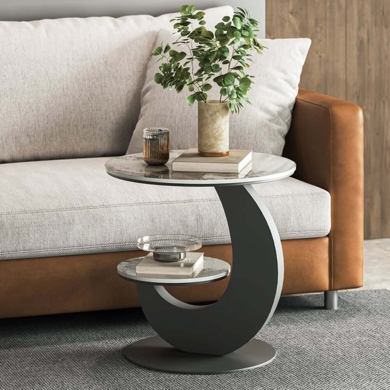 "20" Round Sintered Stone 2-Tier Moon-Shaped Side Table"