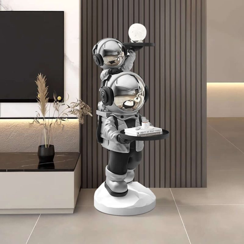 "Astronaut Resin Figurine Silver Side Table with Tray Top"
