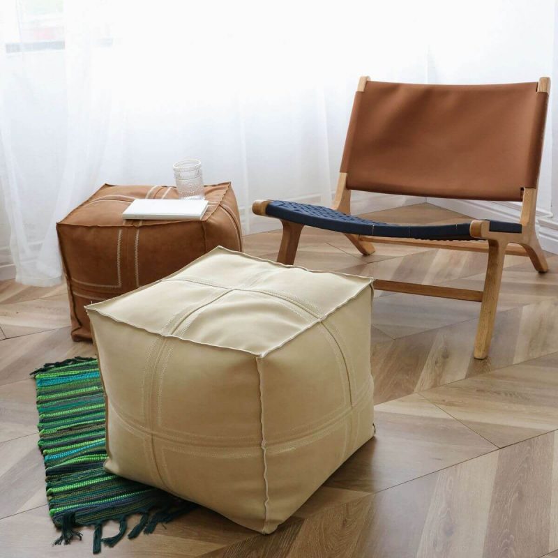 "Geometric Genuine Leather Square Pouf Ottoman for Modern Style - Removable Cushion Cover Included - Beige 2 Piece Set"