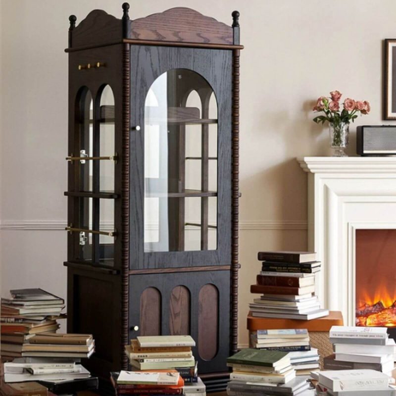 "Unattached Rectangular Decorative Cabinet with 4 Interior Shelves, 2 Cabinets, Matte Black, Glazed Door, Cabinet Knobs, 24"L x 24"W x 66"H"