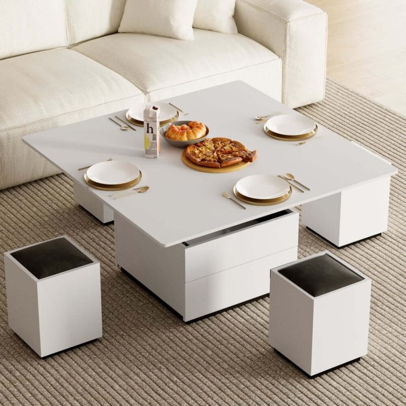 "Modern White Lift Top Glass Coffee Table with Drawers & Storage Multifunction Table"