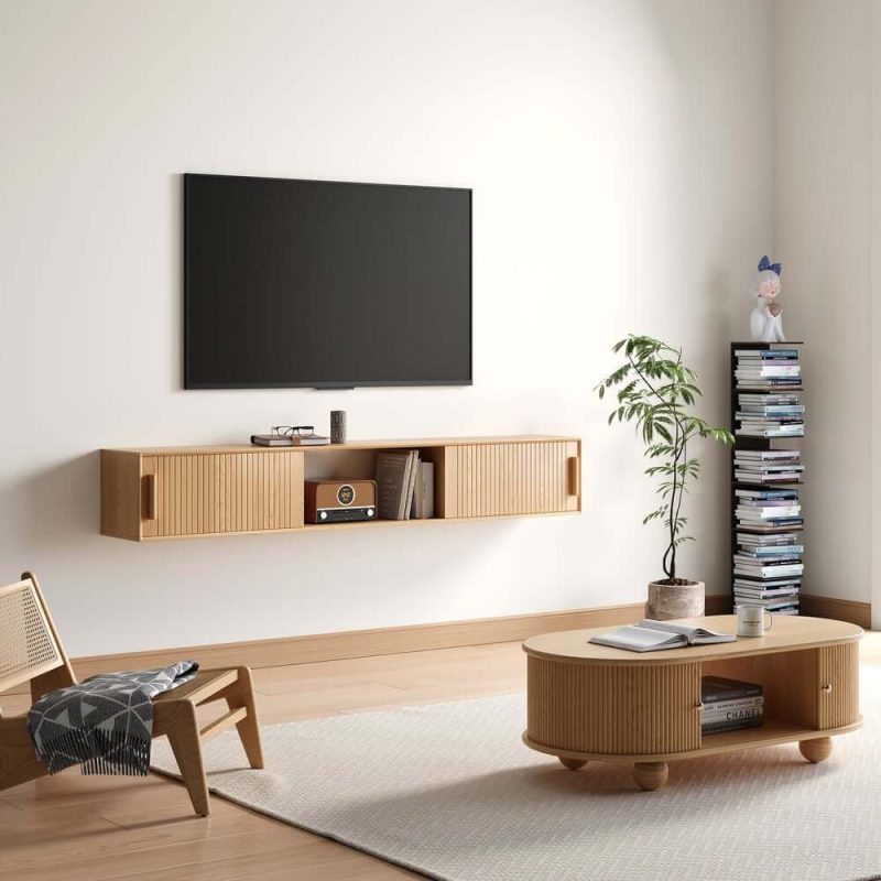 "70.9" Floating Wood Fluted TV Stand with Storage"