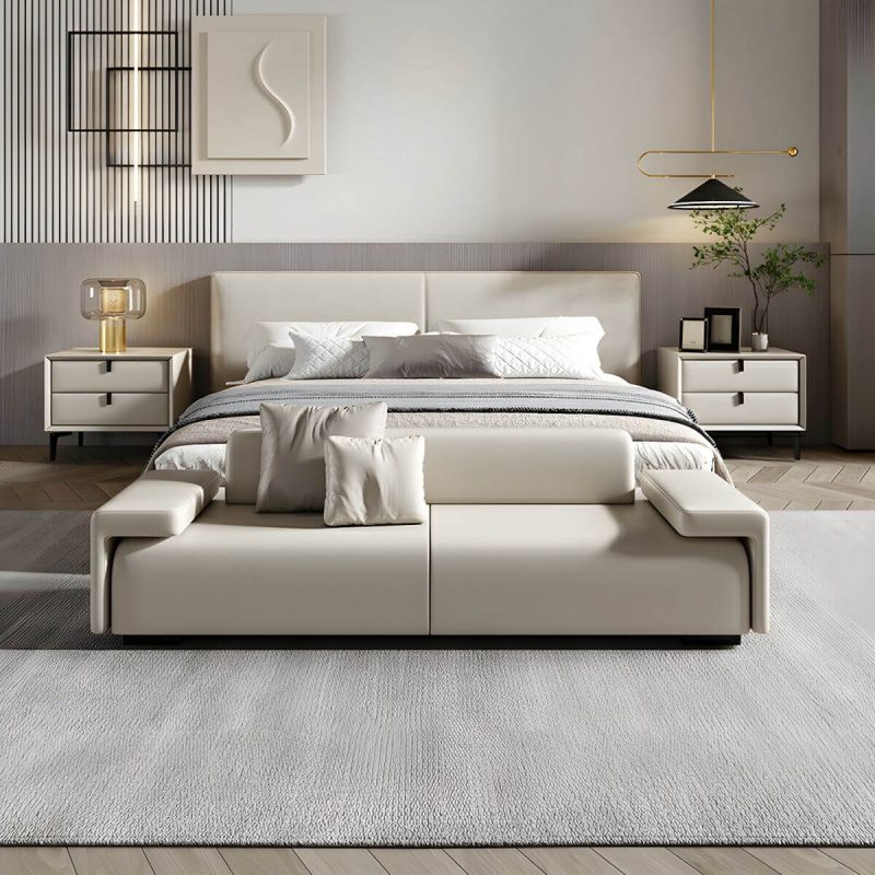 "Modern Solid Color Leather Upholstered Bedroom Bench with Arms - 59.1"L x 17.7"W x 21.7"H Off-White With Back"