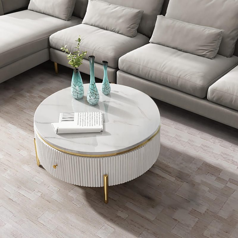 "Yelly Modern Round Coffee Table with Storage Sintered Stone Accent Table Stainless Steel"