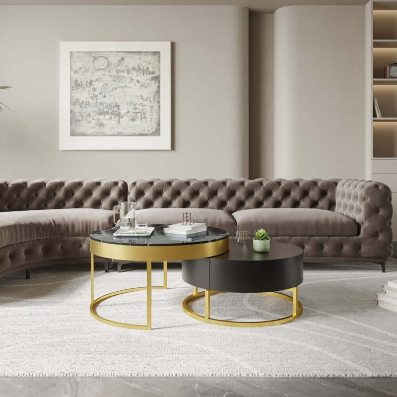 "Nesnesis Modern Black Round Marble Veneer Nesting Wood Coffee Table with Storage"