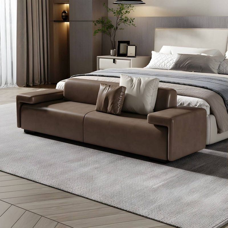 "Modern Solid Color Leather Upholstered Bedroom Bench with Arms - 71"L x 18"W x 22"H Coffee With Back"