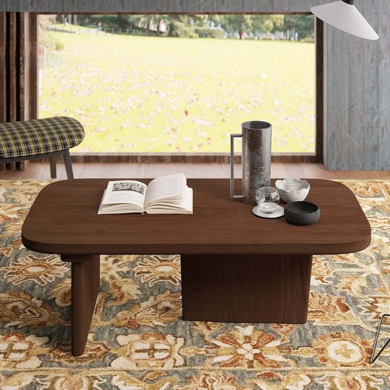 "Pine Wood Coffee Table Rectangle-shaped in Walnut with Abstract Base Japandi"